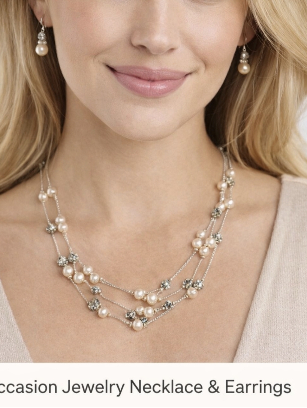 Occasion Pearl Crystal Layered Necklace & Dangle Earrings Set Silver Tone NWT